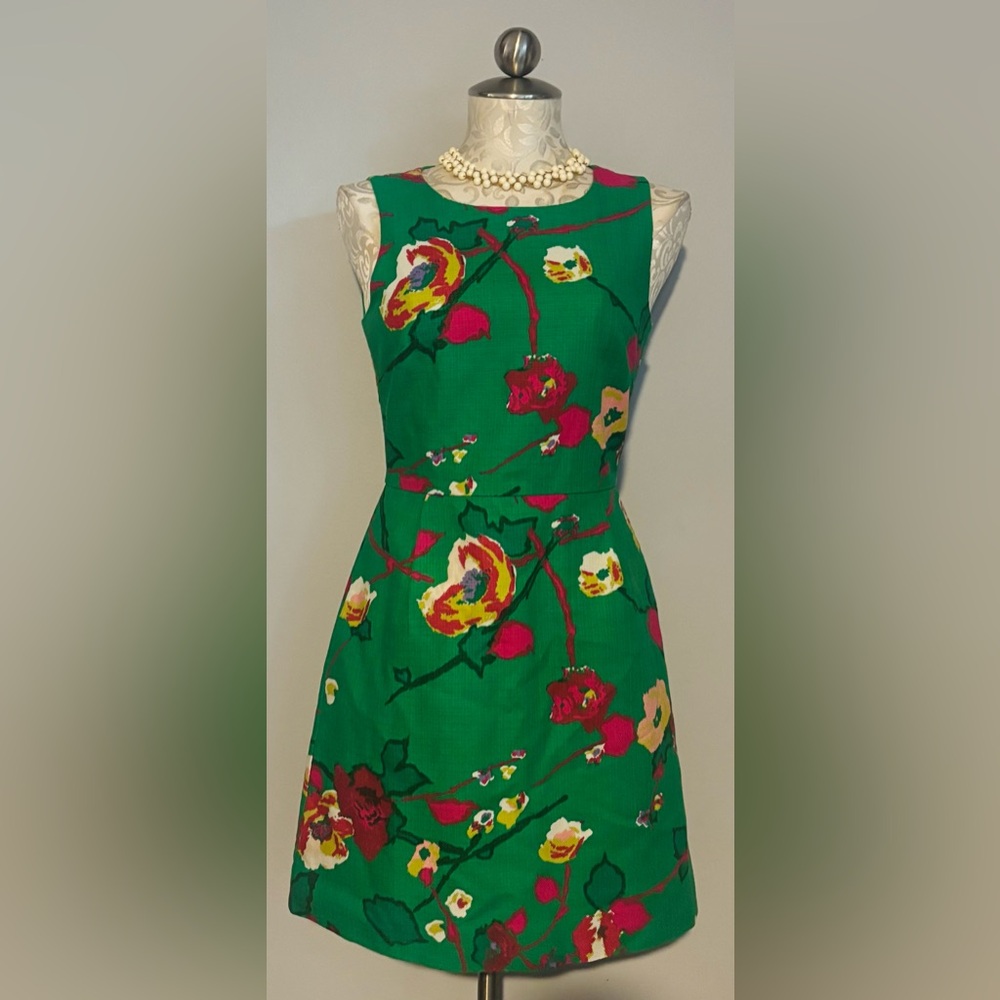 J. Crew 100% Cotton -Green-Pink  Floral Midi Dress Size 2.       #47